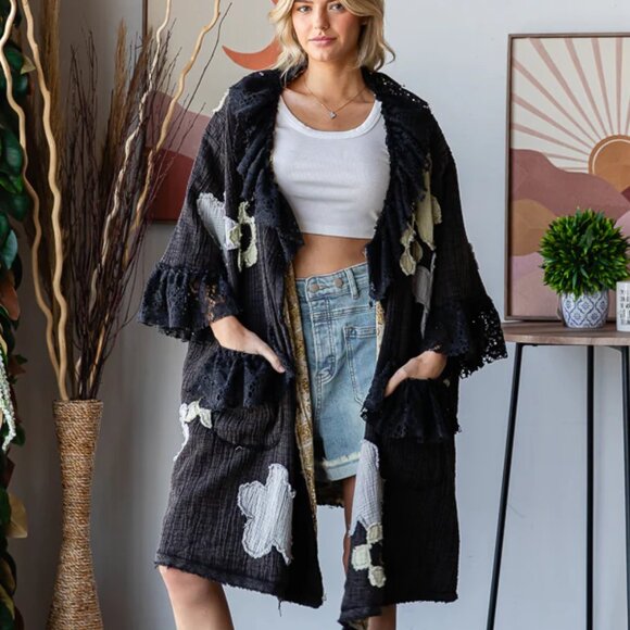Oli & Hali Flower Patchwork Lace Ruffle Sleeve Duster Washed Black Size Medium - Picture 6 of 11